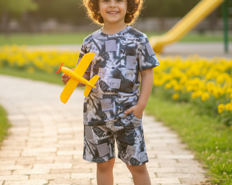 Boys' Printed Summer Co-ord Set – Green Newspaper Design | Soft & Breathable Fabric"