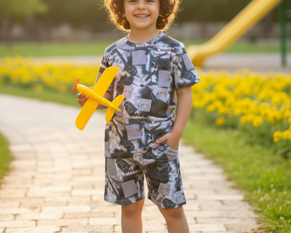 Boys' Printed Summer Co-ord Set – Green Newspaper Design | Soft & Breathable Fabric"