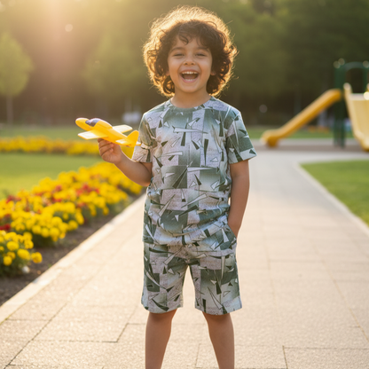 Boys' Summer Co-ord Set – Green Abstract Print | Soft & Breathable Fabric