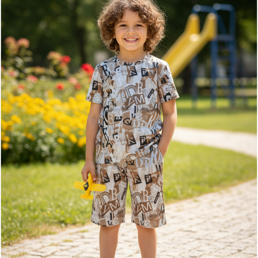 Boys' Summer Co-ord Set – Beige & Black Alphabet Print | Soft Cotton Feel