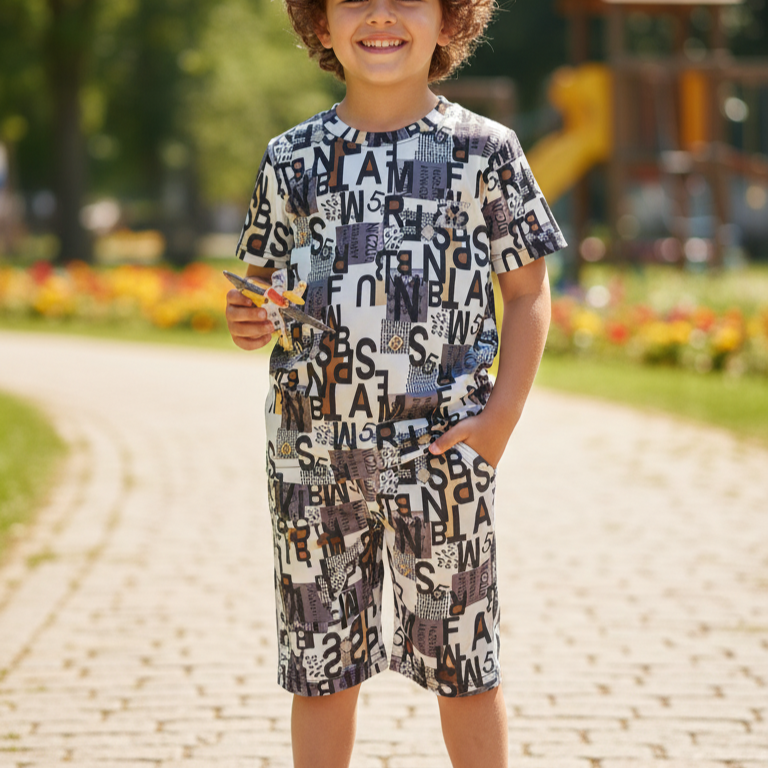 Boys' Stylish Summer Co-ord Set – Black & White Graphic Print | Soft & Breathable