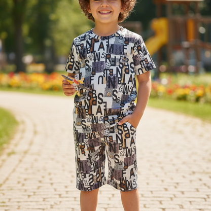 Boys' Stylish Summer Co-ord Set – Black & White Graphic Print | Soft & Breathable