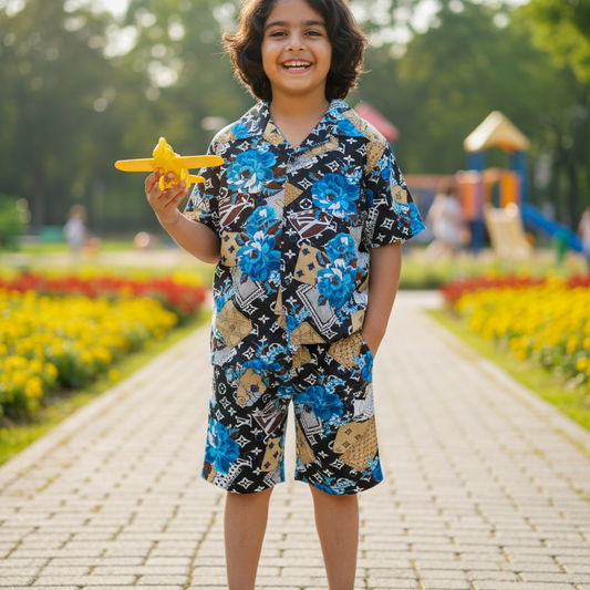 "Boys' 2-Piece Baba Suit – African Ankara Style with Blue Roses"