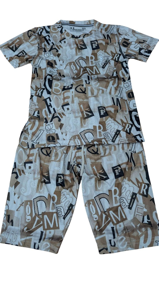 Boys' Summer Co-ord Set – Beige & Black Alphabet Print | Soft Cotton Feel
