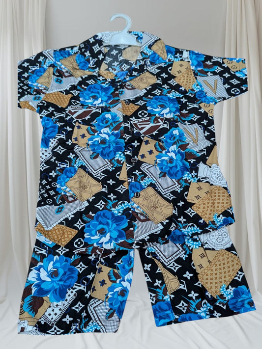 "Boys' 2-Piece Baba Suit – African Ankara Style with Blue Roses"