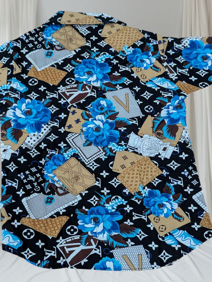 "Boys' 2-Piece Baba Suit – African Ankara Style with Blue Roses"