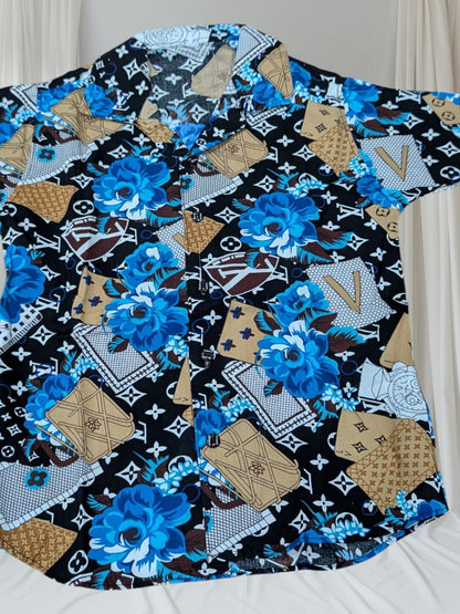 "Boys' 2-Piece Baba Suit – African Ankara Style with Blue Roses"