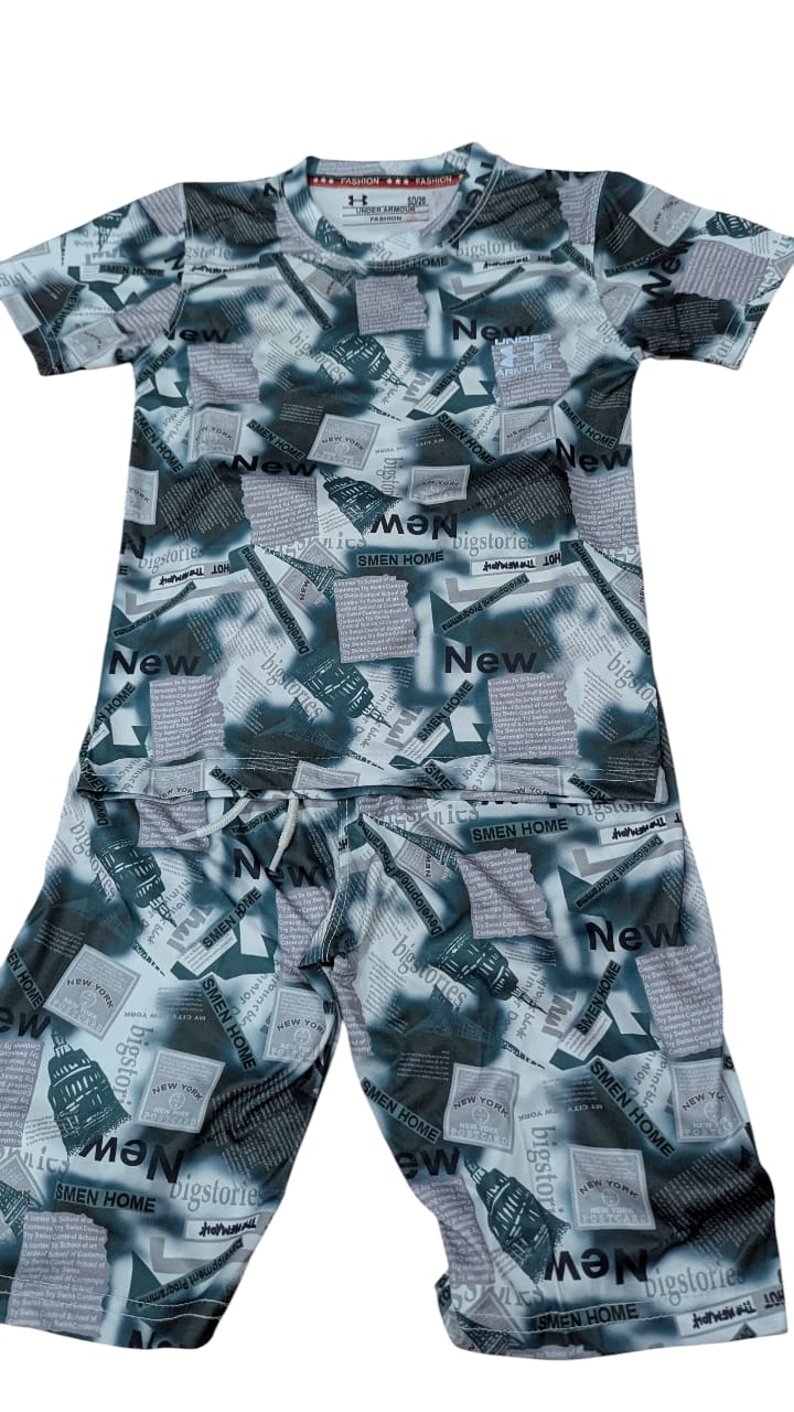 Boys' Printed Summer Co-ord Set – Green Newspaper Design | Soft & Breathable Fabric"