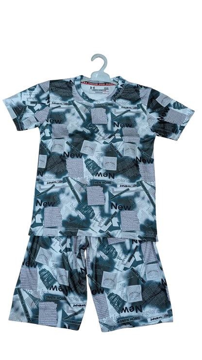 Boys' Printed Summer Co-ord Set – Green Newspaper Design | Soft & Breathable Fabric"